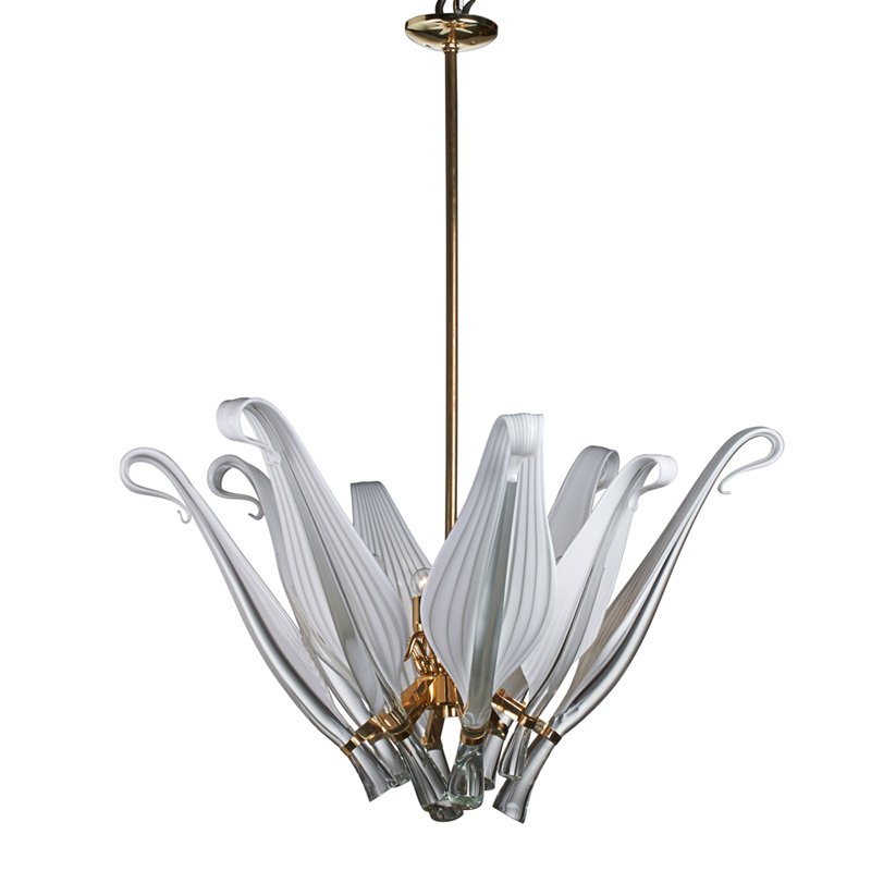 FRANCO LUCE Eight-arm chandelier: FRANCO LUCE Eight-arm chandelier, Italy, 1970s; Cased glass, gold-plated brass, eight sockets; Unmarked; To canopy: 43" x 34 1/2"