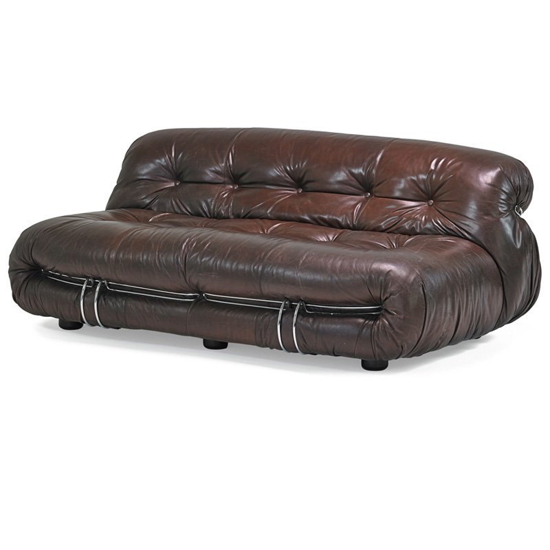 TOBIA SCARPA; CASSINA Soriana sofa: TOBIA SCARPA (b. 1935) CASSINA Soriana sofa, Italy, 1970s; Leather, chrome-plated steel; Manufacturer and distributor labels; 25" x 68" x 40"