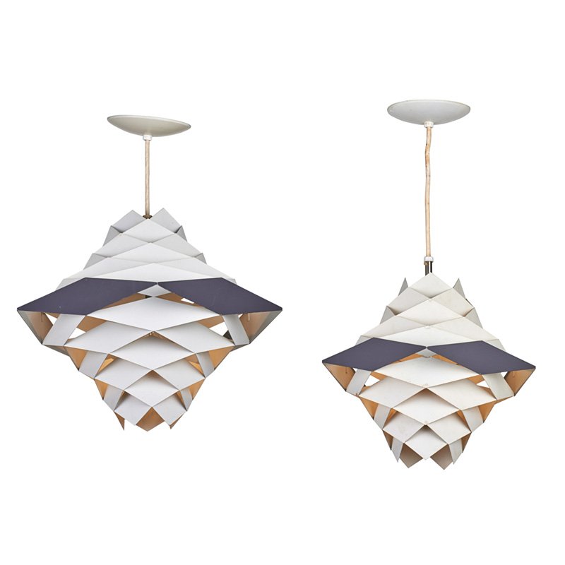 PREBEN DAL Two Symfoni pendant lamps: PREBEN DAL HANS FOLSGAARD A/S Two Symfoni pendant lamps, Denmark, 1960s; Enameled steel, single socket; Paper Made in Denmark label and paper Lightolier label; Fixture only: 17 1/2" x 18", 14" x 13"