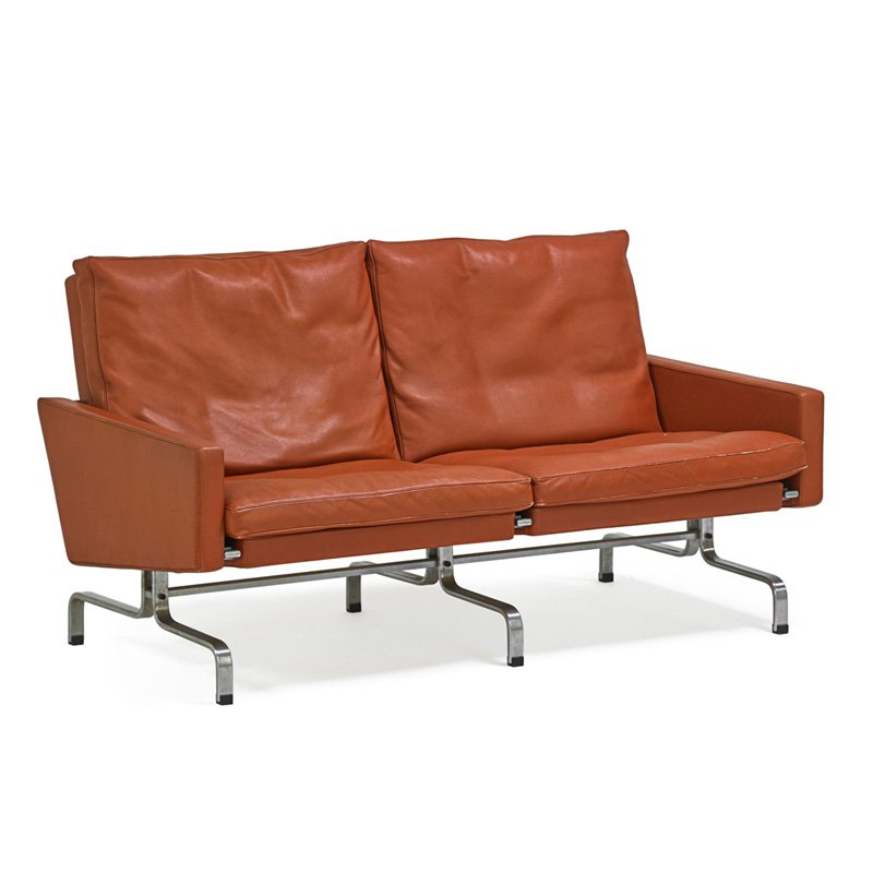 POUL KJAERHOLM PK 31/2 sofa: POUL KJAERHOLM (1929 - 1980) FRITZ HANSEN PK 31/2 sofa, Denmark, 1980s; Matte-chromed steel, leather; Stamped frame, manufacturer label; 30" x 54" x 30"