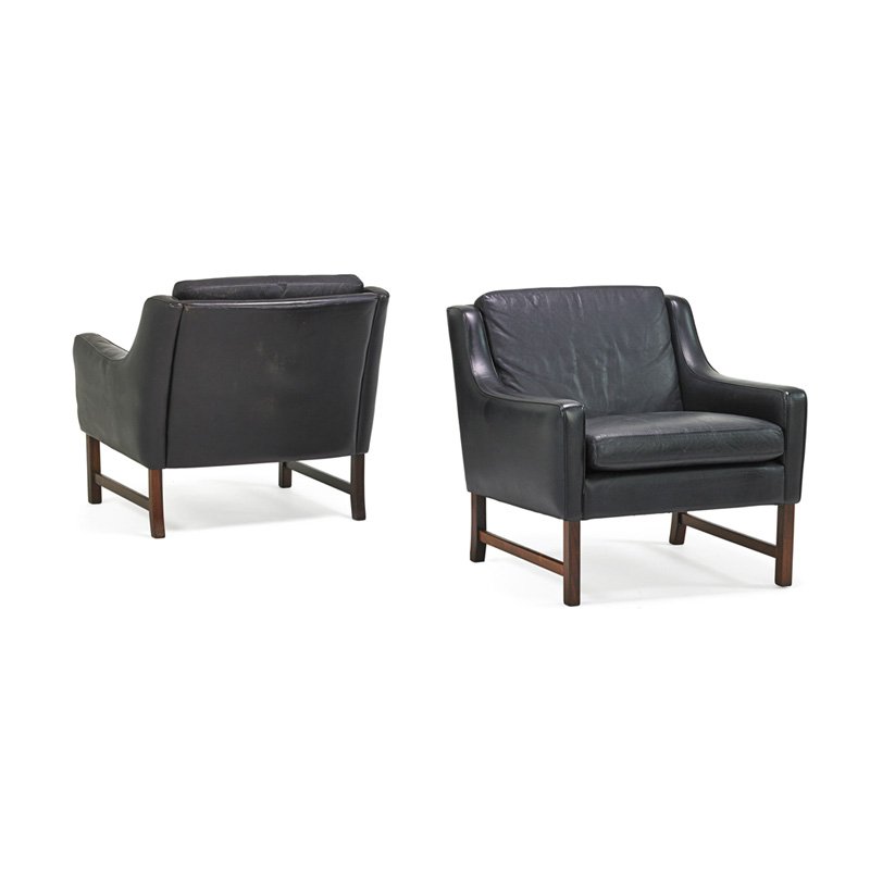 BORGE MOGENSEN Pair of lounge chairs: BORGE MOGENSEN (1914 - 1972) Pair of lounge chairs, Denmark, 1960s; Rosewood, leather; Unmarked; 28" x 30" x 32"