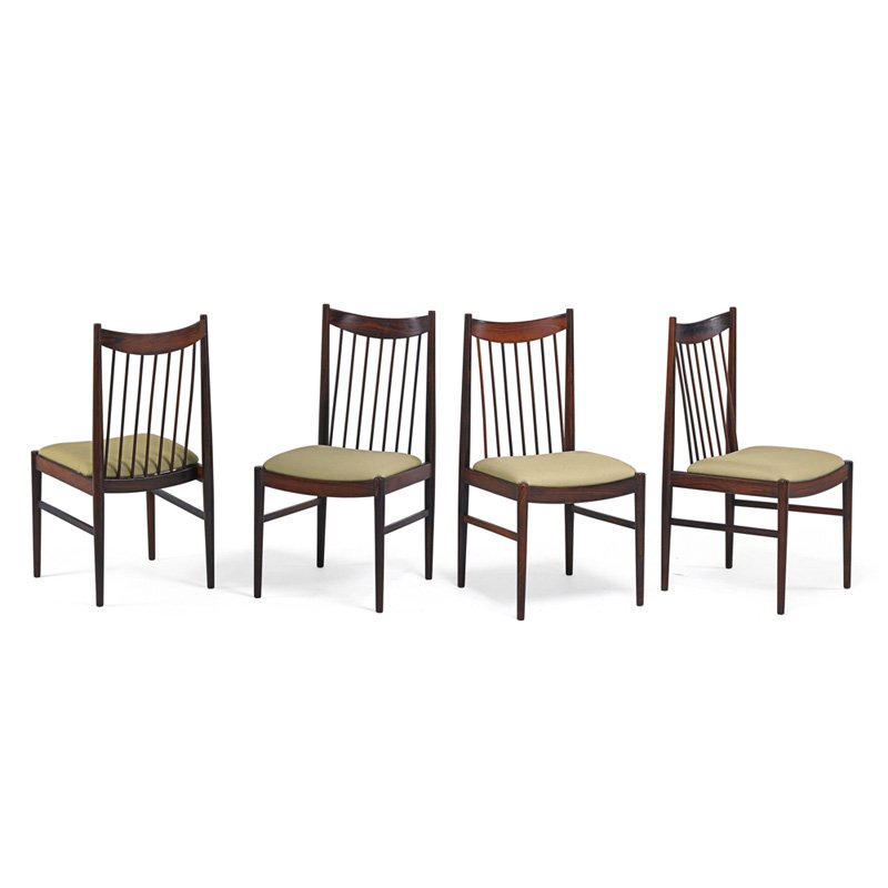 ARNE VODDER; SIBAST Eight dining chairs and table: ARNE VODDER (1926 - 2009) SIBAST Eight dining chairs (four shown) and table, Denmark, 1960s; Foil labels to chairs; Chairs: 38 1/2" x 19 1/2" x 22", table: 29" x 47 1/2" sq., two leaves: 29 3/4"