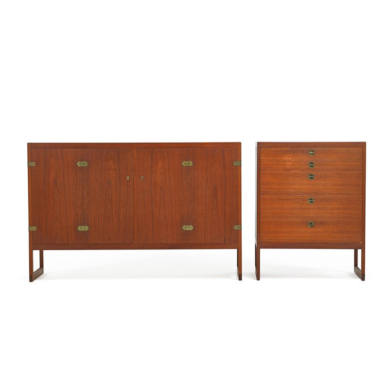 BORGE MOGENSEN; P. LAURITSEN & SONS Two cabinets: BORGE MOGENSEN (1914 - 1972) P. LAURITSEN & SONS Two cabinets, Denmark, 1950s; Teak, brass; Retailer labels; Larger: 35 1/2", 54 1/4" x 19 3/4", smaller: 35 1/2" x 27 1/2" x 19 3/4"