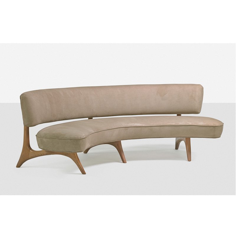 VLADIMIR KAGAN Floating seat and back sofa: VLADIMIR KAGAN (b. 1927) KAGAN DREYFUSS Floating seat and back sofa (no. 176SC), New York, 1950s; Sculpted oak, ultrasuede; Unmarked; 31" x 88" x 34"
