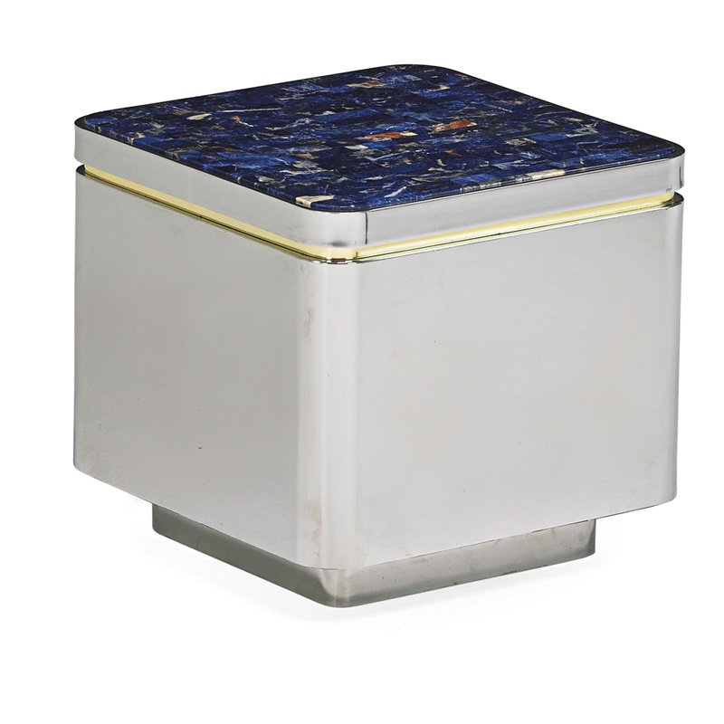 BRUETON Side table: BRUETON Side table, USA, 1980s; Stainless steel, brass, blue marble; Unmarked; 17 1/2" x 19" sq.