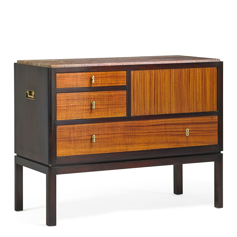 EDWARD WORMLEY; DUNBAR Cabinet (no. 5464): EDWARD WORMLEY (1907 - 1995) DUNBAR Cabinet (no. 5464), Berne, IN, 1950s; Mahogany, tawi, marble, brass; Green metal label; 40 1/4" x 52" x 23 1/2"