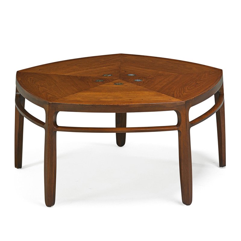 WORMLEY; NATZLER; DUNBAR Coffee table: EDWARD WORMLEY (1907 - 1995) OTTO AND GERTRUD NATZLER DUNBAR Janus coffee table, Berne, IN, 1960s; Walnut, glazed ceramic; Metal label; 19" x 41"