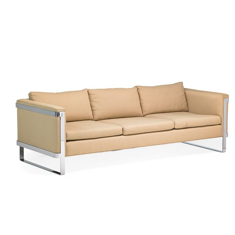 SELIG Sofa: SELIG Sofa, USA, 1970s; Chromed steel, upholstery; Unmarked; 28" x 86" x 33"