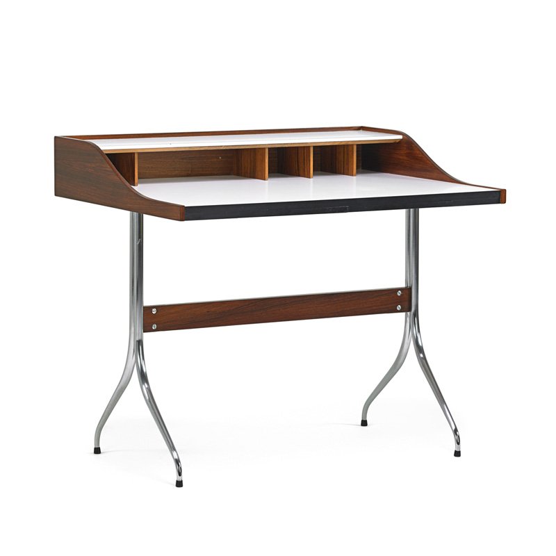 GEORGE NELSON; HERMAN MILLER Swag Leg desk: GEORGE NELSON (1908 - 1986) HERMAN MILLER Swag Leg desk, Zeeland, MI, 1960s; Rosewood, laminate, chromed steel; Unmarked; 34 1/2" x 39 1/2" x 29"