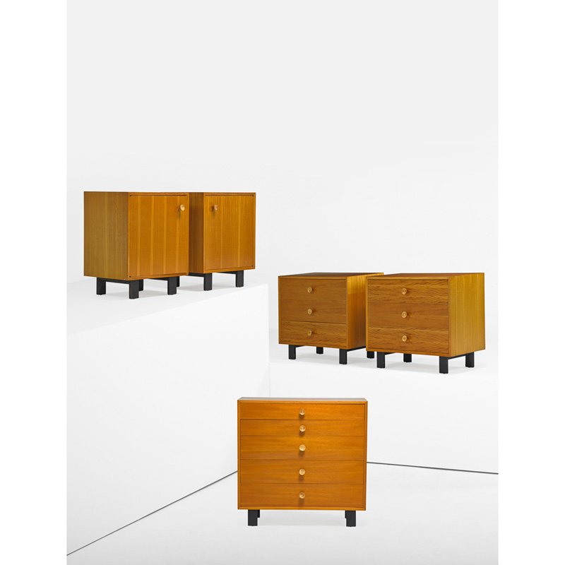 GEORGE NELSON; HERMAN MILLER Bedroom suite: GEORGE NELSON (1908 - 1986) HERMAN MILLER Seven-piece bedroom suite, Zeeland, MI, 1950s: one tall and two short dressers, two one-door cabinets, bridge vanity, and bench; Bleached mahogany, enameled w