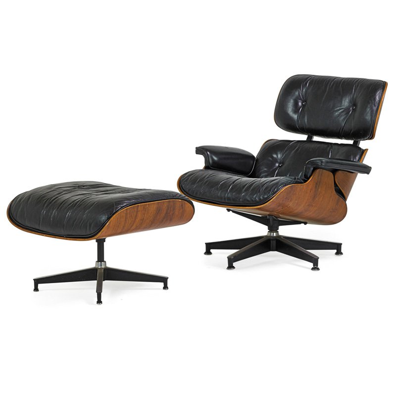 CHARLES AND RAY EAMES Lounge and ottoman: CHARLES EAMES (1907 - 1978) RAY EAMES (1912 - 1988) HERMAN MILLER Lounge chair and ottoman (no. 670 and 671), Zeeland, MI, 1970s; Rosewood, leather, enameled aluminum, enameled steel, rubber; Unmarked