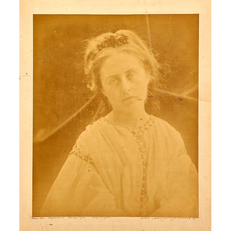 Julia Margaret Cameron (British, 1815-1879): Bust of Woman in Robe, 1870; Albumen silver print drymounted to board; Signed and dated; 11 1/4" x 9 1/4" (image); 23" x 18" (board); Provenance: Robert Schoelkopf Gallery, New York (label on verso);