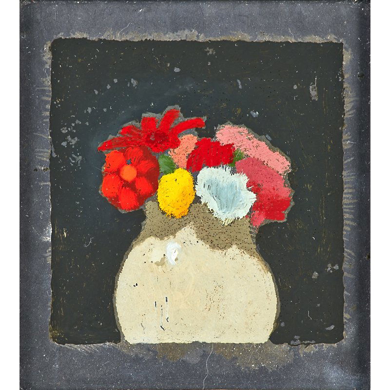 Robert Moore Kulicke (American, 1924-2007): Red, Blue and Yellow Flowers in a Gray Jar Against a Black Background; Reverse oil on Plexiglas (framed); Signed; 6" x 5 1/2"; Provenance: Davis & Langdale Company, Inc., New York (label on verso); Pr
