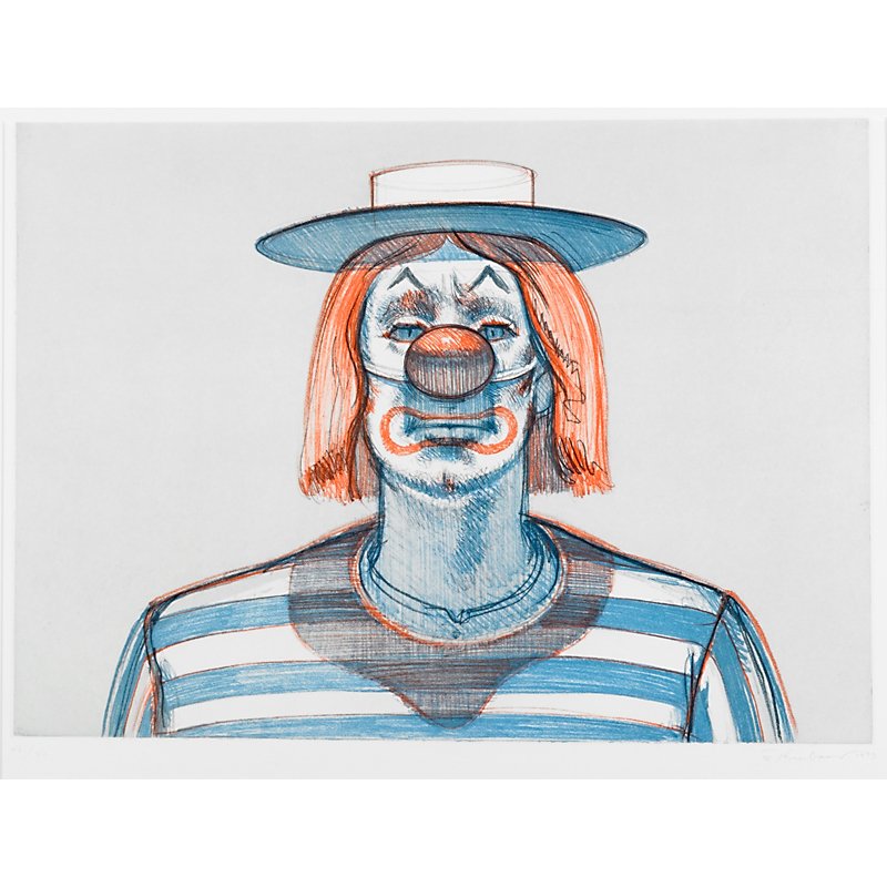 Wayne Thiebaud (American, b. 1920): Clown, from Recent Etchings I, 1979; Etching and aquatint in colors (framed); Signed, dated and numbered 46/50; 17 3/4" x 23 3/4" (plate); 22 3/4" x 29 3/4" (sheet); Publisher: Parasol Press, New York