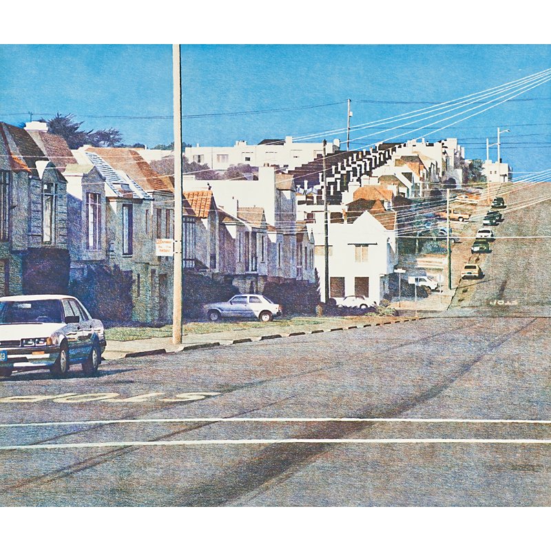 Robert Bechtle (American, b. 1932): 34th Avenue, 1987; Soft ground etching in colors; Signed and numbered 8/50; 31 3/4" x 35 1/4" (sheet); Printer: Brian Shure; Publisher: Crown Point Press, San Francisco; Provenance: Private Collection
