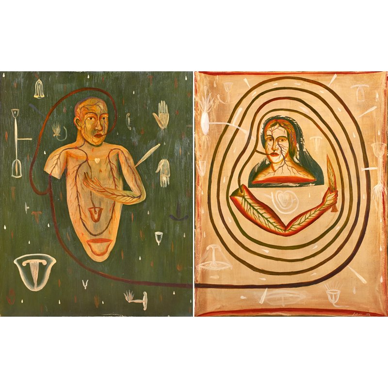 Jaime Palacios (Chilean, b. 1963): El Amante (The Lover) diptych, 1992; Oil on canvas; One signed and dated; 47 1/4" x 74 3/8" (total); Provenance: Collection of Carla and George Stellweg