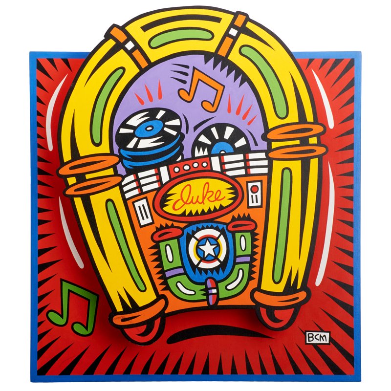 Burton Morris (American, b. 1964): Juke Box, 1999; Oil on wood; Signed and dated; 27 1/2" x 23 7/8" x 1"; Provenance: Private Collection, New York