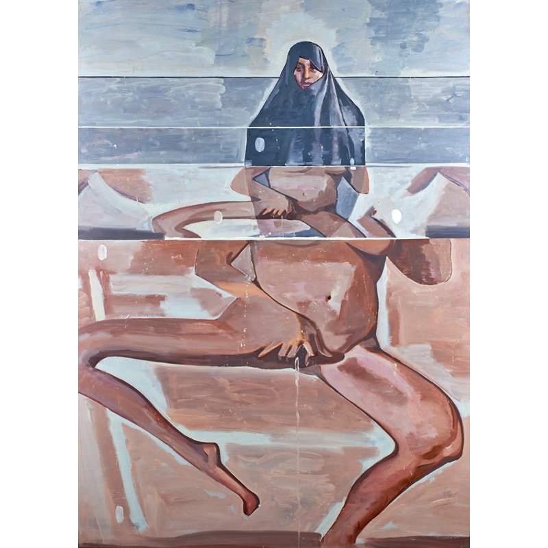 Nicky Nodjoumi (Iranian, b. 1942): Two Views Series, An Iranian Woman, 2003; Oil on canvas; Signed, dated and titled; 70" x 50"; Provenance: Private Collection, New York