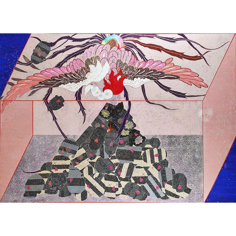 Chie Fueki (Japanese, b. 1973): Phoenix, 2002; Acrylic and glitter on paper mounted to board; Signed, dated and titled; 60" x 84"; Provenance: Private Collection