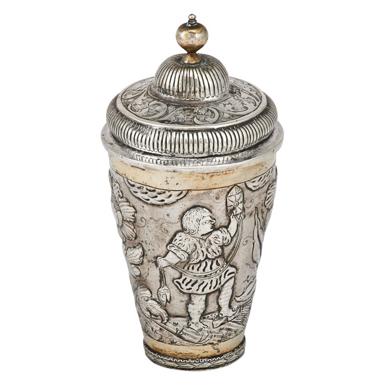 EARL OF SOUTHESK 18TH CENTURY RUSSIAN SILVER CUP: Parcel-gilt beaker and cover depicting falconry hunt motif and floral repousse, Ivan Shagin and Fyedor Petrov, Moscow, 1750. Inscribed on base "Charles Alexander Carnegie (11th Earl of Southesk on the