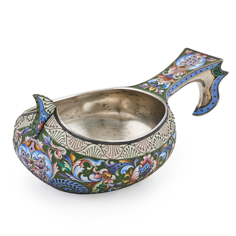 MARIA SEMENOVA RUSSIAN ENAMELED SILVER KOVSH: Polychromatic cloisonne enameled stylized foliage on olive green ground, with scrolled fronds, pink and cream undulating border with granulation, hook handle. Mark of Maria Semeova, 84 silver, Moscow,