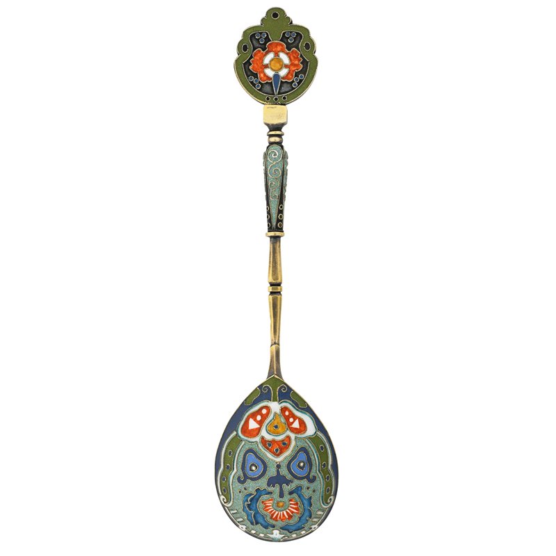 FABERGE RUSSIAN SILVER GILT CLOISONNE SPOON: Handle terminal and bowl with shadowed abstract decorations on olive and blue ground, the bowl and handle with unusual turquoise stippled enamel. Marks of Fedor Ruckert, Faberge with Imperial Warrant,