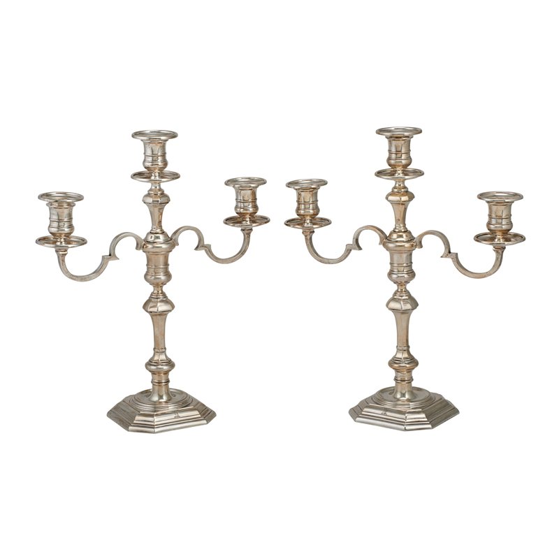 PAIR OF ENGLISH STERLING CANDELABRA: Three branches detach, convert to candlesticks, A + F Parsons of Edward Tessier, London, 1925. 15" x 13". 97 OT