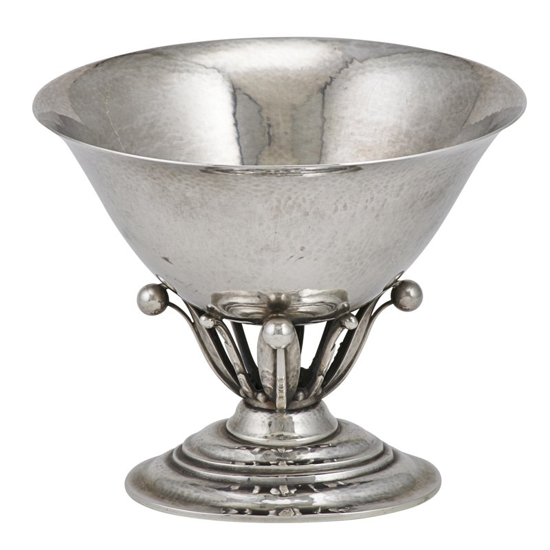 GEORG JENSEN, DENMARK, STERLING COMPOTE #6: Round flared bowl above leafy open column and oval ring foot, designed by Johan Rohde, produced 1925-1932. 5 1/4" x 6 1/4". 13.5 OT
