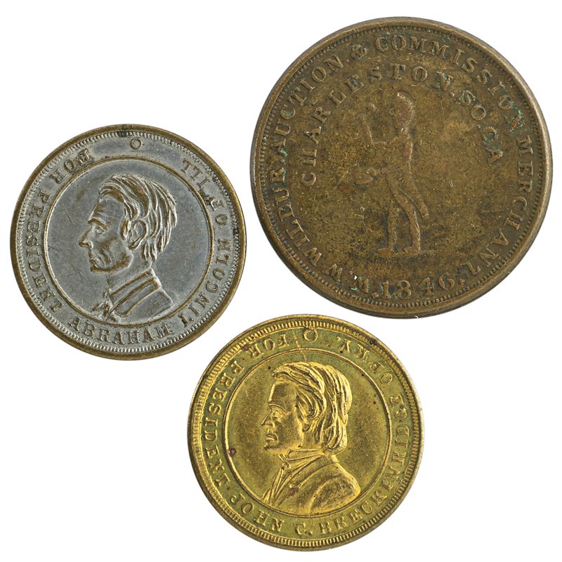 CIVIL WAR TOKENS, AYER'S PILLS TOKENS, ETC.: Thirteen pieces including: the original ledger book from the collection of Robert Coe, 1860 civil war token F-506/514a, Ayer's Pills with one cent Franklin stamp, etc.; Provenance: Collection of Rober