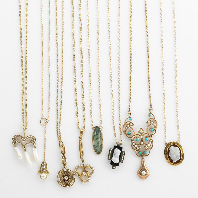 EIGHT DELICATE YELLOW GOLD LAVALIERES: Includes: Moss agate, carnelian, vulcanite, turquoise, rose cut diamonds, freshwater, half and seed pearl, melee approx. .14 cts. TW throughout; 10k-14k; Longest 18"; 18.7 dwt. Property from the colle