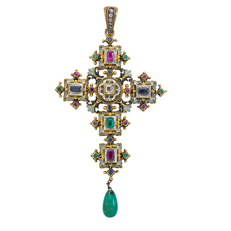 RENAISSANCE REVIVAL JEWELED ENAMELED GOLD CROSS: Baroque open work pendant with polychrome decorations set with faceted rubies, sapphires, emeralds and a square table cut diamond, suspends a pear shaped emerald, rose cut diamond bail, 18k. Unmarked.