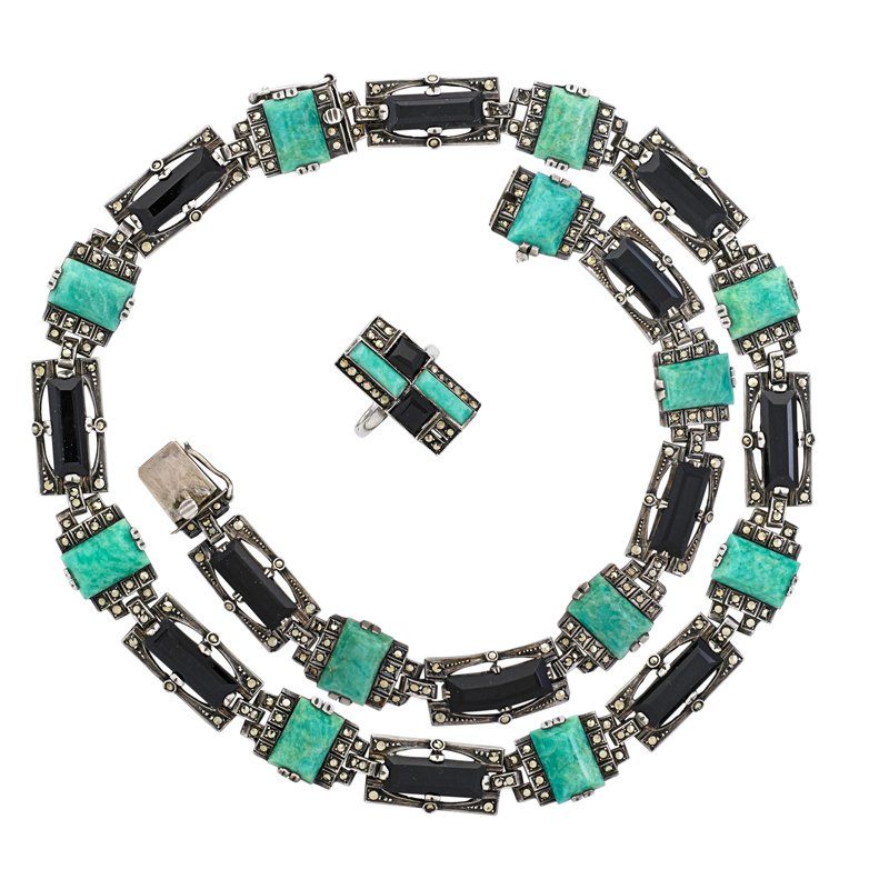 THEODOR FAHRNER AMAZONITE ONYX MARCASITE SUITE: Three pieces: Geometric link necklace, 15"; Bracelet, 7 1/4"; Conforming long ring, size 7 1/2. Ca. 1930. Necklace marked "Sterling, Germany", TF cypher, bracelet and ring struck with cypher 925. 108.