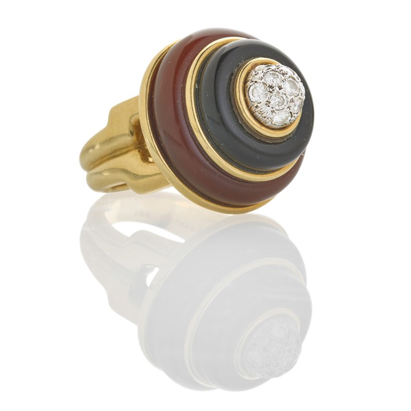 TIFFANY & CO. HARDSTONE DIAMOND RING: Graduated stack of carnelian, onyx and 18k gold surmounted by RBC diamond set dome, melee approx. .65 ct. TW. Marked "18k Tiffany & Co." Size 6 1/4", 5/8" steep, 7/8" wide. 18.4 dwt.