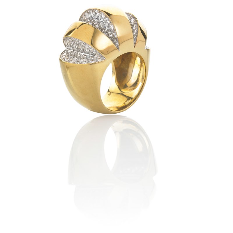 SCULPTURAL DIAMOND PLATINUM AND 18K GOLD RING: A broad tapered bombe, segmented to reveal diamond platinum pave interior, approx. 4.4 cts. TW. Marked "18k" with unidentified mark. Size 8. 20.4 dwt.