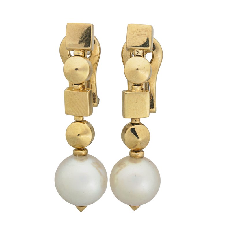 BULGARI PEARL 18K GOLD DROP EARRINGS: Articulated geometry, pearls 8.5 mm, hinged backs for pierced ears. Twice marked "Bulgari, Made in Italy". 1 1/4". 7 dwt.
