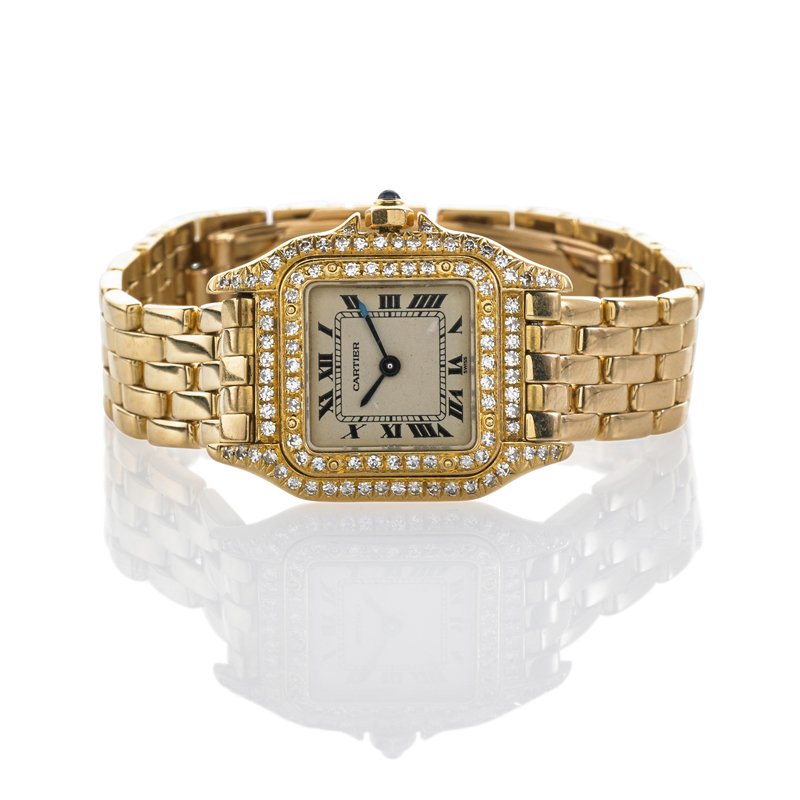 CARTIER PANTHERE LADIES 18K GOLD DIAMOND WATCH: #8669116977, quartz movement, cream dial with black Roman hours, diamond bezel on 18k case, gold bracelet, double folding clasp. 18k yg. 6 1/2". 21.8 mm.