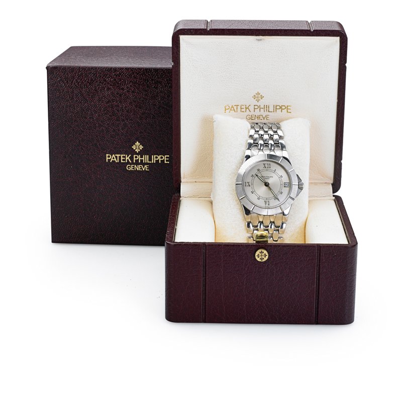 PATEK PHILIPPE GENT'S "NEPTUNE" AUTOMATIC WATCH: Stainless steel bracelet watch with date, ref. #5080/001, movement 3'005'023, calibre 315SC aut. 30 jewels. sateen dial with Roman quarter hours, Arabic minutes, center seconds, luminous hands, 35 mm.