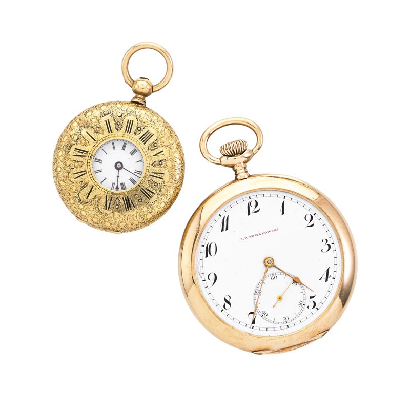 ULYSSE NARDIN OR VACHERON GOLD POCKET WATCHES: Ulysse Nardin for S.K. Nowakowski, 14k gold open face watch #60905, Arabic numerals, sub seconds, 52 mm., S.W. & S.S., early 20th c.; Vacheron 18k half hunter case watch, chased case with Roman numera