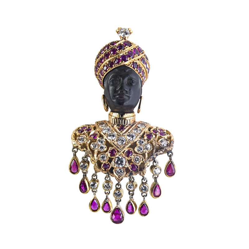 EXCEPTIONAL GIULIO NARDI JEWELED MORETTO BROOCH: Carved ebony bust and 18k yg., ruby turban with diamond sarpech, pierced robe and jeweled fringe set with rubies and diamonds, approx. 1.75 cts. TW, Venice, mid 20th c. Hinged double pin. Incised sign