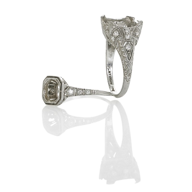 TWO FINE EDWARDIAN DIAMOND PLATINUM SEMI MOUNTS: Hand-built ring settings, one accommodates 12 mm. round diamond or gemstone, with engraved strap work, marked Walton & Co., the other accommodates 6.60 mm. round. Size 6 1/2. 5.2 dwt.