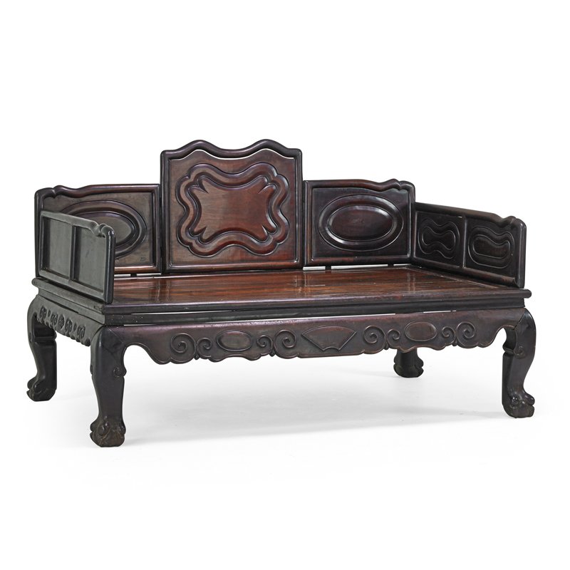 CHINESE OPIUM DAYBED: Hardwood with carved paneled sides and back, 19th/20th c.; 41" x 72" x 44 1/2"