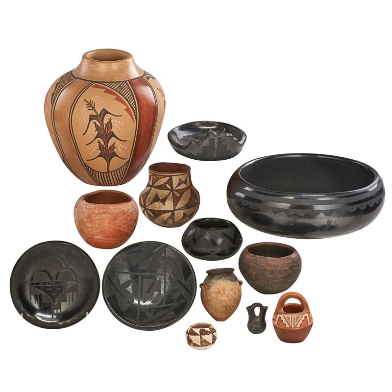 NATIVE AMERICAN POTTERY VESSELS: Thirteen: Five Ildefonso blackware and eight associated vessels, early 20th c.; One signed Marie; Largest 8 1/2"; Provenance: The Collection of Allen Hendershott Eaton, Dean of American crafts