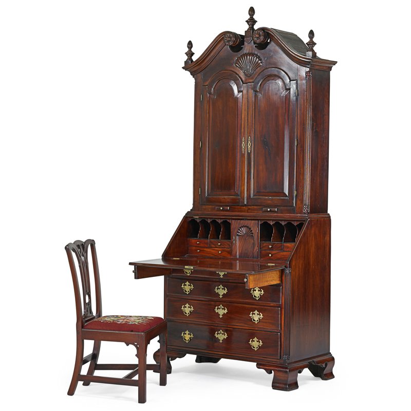 PHILADELPHIA CHIPPENDALE SECRETARY AND SIDE CHAIR: Mahogany with fitted interior and raised paneled top over four drawer base on ogee bracket feet, together with period side chair,18th c.; Secretary: 102" x 41" x 24"