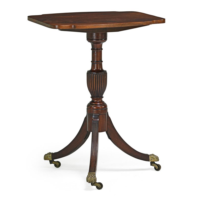 STYLE OF DUNCAN PHYFE TILT TABLE: Mahogany with carved stretcher base, ca. 1820-30.; 30" x 22" x 15"