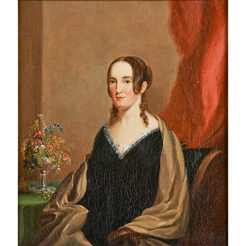 STYLE OF CHESTER HARDING (American, 1792-1866): Oil on canvas portrait of "Miss E. F. Quimby of Quincy, Mass." (framed); 14" x 12 1/2"