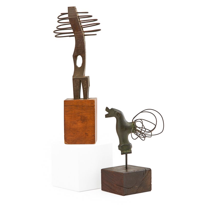 HERBERT KALLEM (American, 1909-1994): Two bronze and wire sculptures on wood bases, "Rooster" and "At the Hairdresser"; Both signed; Taller: 8 1/4" (sculpture)