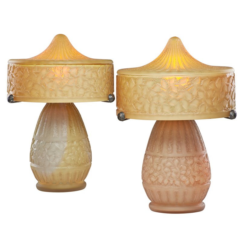PAIR OF DAUM GLASS LAMPS: Acid-etched with leaves and patinated metal shade supports, ca. 1930; Etched DAUM NANCY-FRANCE with Croix de Lorraine; 17" x 12"