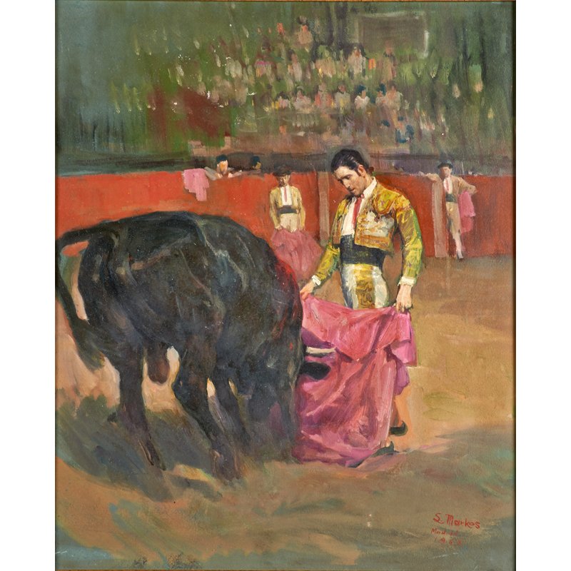 LAJOS MARKOS (Hungarian/American, 1917-1993): Two oil on Masonite paintings:; Matador and bull, Madrid, 1964 (framed); Signed and dated; 17" x 22 3/4"; Inlet scene (framed); Signed; 15 3/4" x 20"