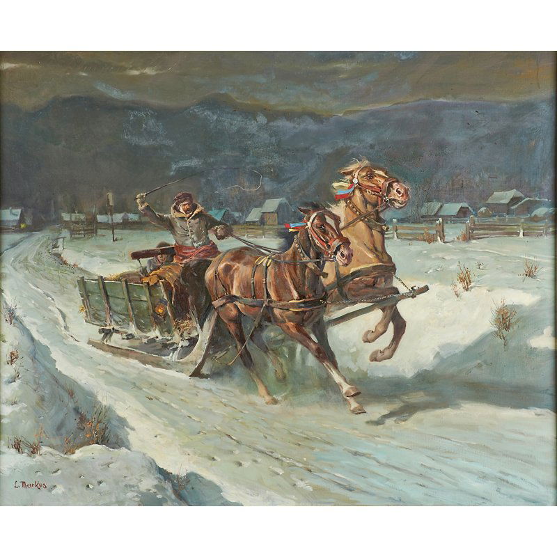 LAJOS MARKOS (Hungarian/American, 1917-1993): Oil on canvas of winter sleigh scene (framed); Signed; 30" x 36"