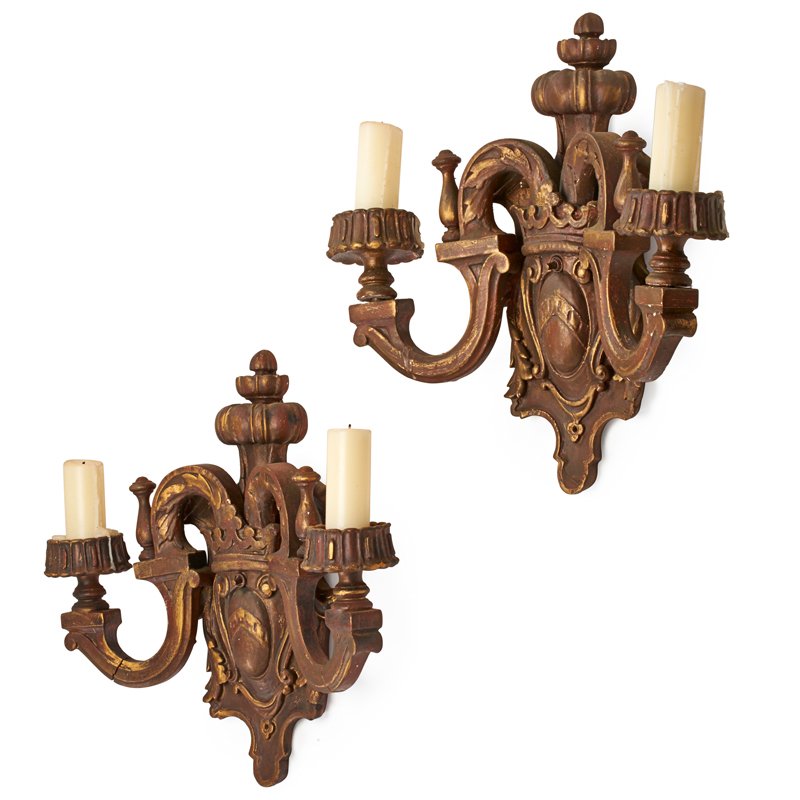 PAIR OF ITALIAN BAROQUE STYLE SCONCES: Two arm in gilded wood, 20th c.; Each: 16 1/4" x 16 1/4" x 6"